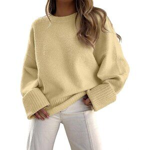 Women's Beige Yellow Oversized Long Sleeve Casual Fuzzy Knit Sweaters